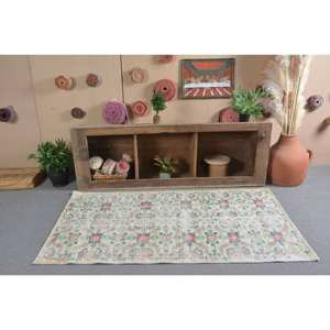 Alfombra turca clásica Beige verde Vintage 3,4X6,1 pies de látex de algas marinas de lana para el hogar, sala de estar, rectángulo de retazos para adolescentes - Product Image 1