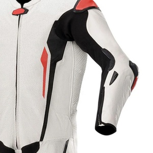 Traje de cuero para motocicleta para hombre, protección para montar en motocicleta, traje de carreras de cuero genuino 100%, Blanco completo con negro rojo de una pieza - Product Image 2