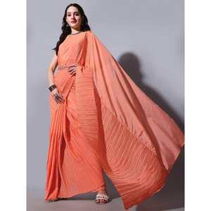 Espectacular Sari Naranja Chinon para Festividades con Blusa Bordada para Bodas - Product Image 1