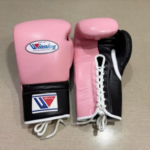 Venta caliente rosa y negro ganador de boxeo con cordones muñeca logotipo personalizado competición de cuero genuino lucha ganar guantes de boxeo - Product Image 1