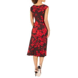 Abito da sera rosso in raso a trapezio da donna con scollo a cappuccio e spacco alto, stampa floreale, taglia 6 - per feste - Product Image 2