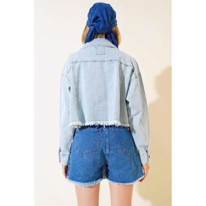 Veste en jean courte décontractée à glands bleu clair avec décoration de boutons motif imprimé lavé pour toutes les saisons - Product Image 2