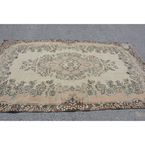 พรมตุรกีโบราณสีเบจสีน้ำตาลขนาด5.5x9.4ฟุตงานเย็บปะขนสัตว์สำหรับห้องโถงห้องนอนห้องนอนน้ำยางสำหรับห้องข้างเตียง - Product Image 3