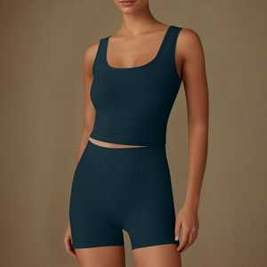 Conjuntos de entrenamiento para mujer, 2 piezas a juego, Sujetador deportivo acanalado sin costuras, camiseta sin mangas de cintura alta y pantalones cortos, gimnasio de Yoga - Product Image 1