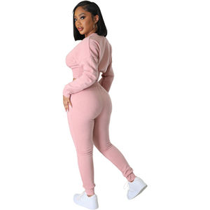 2024 mode personnalisé Logo col rond 2 pièces Joggers pantalon ensemble pour femmes polaire doublé à manches longues haut court survêtement ensembles - Product Image 6