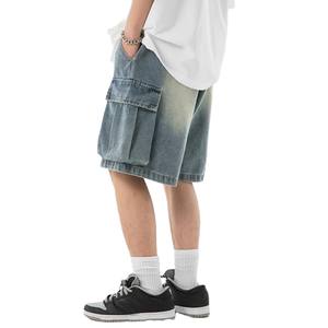 กางเกงขาสั้นผ้ายีนส์สำหรับผู้ชายกางเกงขาสั้นกางเกงยีนส์ทรงตรงเอวปานกลางฟอกสีแฟชั่นสตรีท - Product Image 3