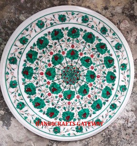 Attractive <b>White</b> Marble <b>Round</b> Shape Beautiful Flower Inlay Design <b>Dining</b> <b>Table</b> Top Use for Hotels Colleges Restaurants <b>Table</b> Top - Product Image 1