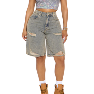 Shorts Bermuda en jean déchiré taille haute pour femme, gris délavé, coupe ample, décontracté, streetwear d'été, cinq poches - Product Image 1