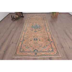 Alfombra Turca Vintage, Alfombra de 3.8x10 pies, Alfombra de Lana con Diseño Floral Marrón y Azul - Product Image 1