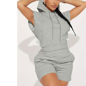 Vêtements pour femmes Logo personnalisé Sportswear ensemble court de haute qualité femmes deux pièces sweat à capuche court avec capuche cordon ensemble short - Product Image 3
