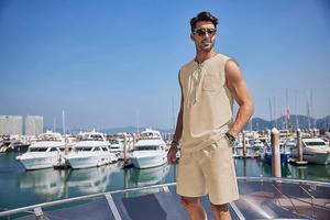 Conjunto de Verano de 2 Piezas para Hombre, Talla Grande, Transpirable, de Bambú, Camiseta sin Mangas con Cordón y Pantalones Cortos a Juego - Product Image 3
