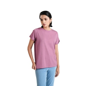 Elegante cuello redondo mangas enrolladas tela de algodón mujeres camiseta ligera verano desgaste señoras camisa con impresión personalizada - Product Image 2