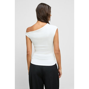 Blusa Blanca Estampada de Un Solo Hombro para Mujer - Tela Suave y Flexible con Cuello Asimétrico - Product Image 1