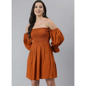Deebaco Women's Off-The-Shoulder Balloon Sleeve Mini <b>Dress</b> A-Line Solid Smocking Chiffon <b>Loose</b> Fit Summer Cocktail <b>Dress</b> - Product Image 6