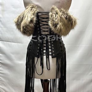 Eco-Friendly Plus Size Waist Slimming Custom Black <b>Leather</b> <b>Corset</b> with Fur Trim & <b>Leather</b> Long Fringe Costume Wear <b>Corsets</b> - Product Image 6