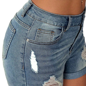Women's Light Wash Distressed <b>Denim</b> Shorts <b>Stretch</b> Skinny Fit Rolled Hem Casual Summer Soft Cotton Daily Comfort Wear Quick Dry - Product Image 3