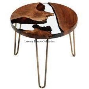 Table polie brillante de couleur argentée décorative de cadre d'acier inoxydable de cadre en métal Tableau époxyde acrylique de forme ronde avec le dessus en bois - Product Image 4