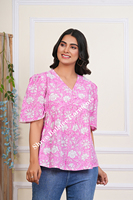 Chemisier court floral pour femme en coton 100% rose pâle, imprimé à la main, style ethnique traditionnel, décontracté, pour fêtes, naturel et écologique