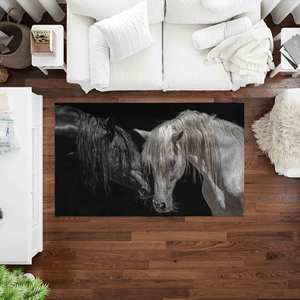 Tapis pour chevaux noir et blanc : Décoration animale style ferme, lavable en machine, tapis fin non tissé - Product Image 2