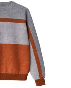 <b>Men</b> Crew Neck Knit Sweater Grey Rust Color Block Long Sleeve Soft Warm Winter Casual Pullover Premium Knitwear - Product Image 4