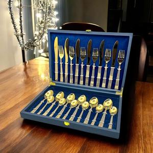 Top vente 24 pièces couverts de mariage ensemble Cube d'eau conception acier inoxydable plaqué or boîte bleue 6 parties différentes - Product Image 2