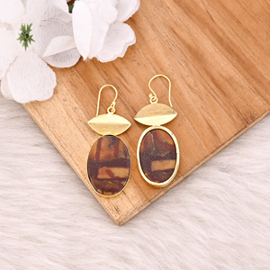 Pendientes colgantes de jaspe Malinga chapados en oro de latón de aspecto natural con dije de diseño artesanal, pendientes colgantes de latón, regalo para ella - Product Image 4