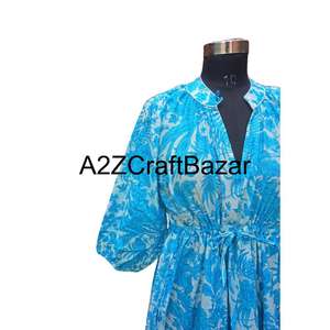 Handmade Himanshi Vintage Floral Midi <b>Dress</b> Long Sleeve Color Block Front V-neck Breathable Cotton <b>Loose</b> Fit Casual Daily Wear - Product Image 4