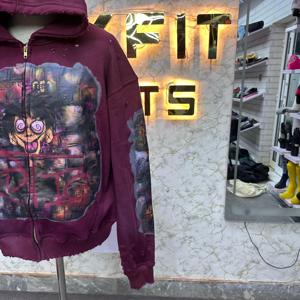 Sudadera con capucha morada para hombre, con cremallera, estilo oversize, diseño estampado streetwear, logotipo frontal por sublimación, manga regular, tejido de punto. - Product Image 2