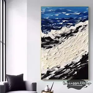 Большая белая черная океанская волна абстрактная стена белая 3D текстура живопись, Синяя абстрактная настенная живопись, акриловый минималистский домашний декор