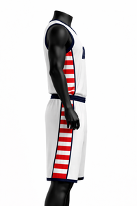Ensemble de maillots de basket-ball unisexes personnalisés à manches courtes avec logo sur le devant, rayures blanches et rouges, col en V, sublimé, respirant, en polyester, taille adulte - Product Image 5