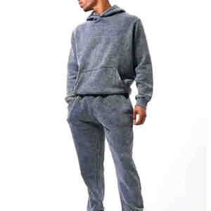 Baggy Fit Acid Wash Men 450 100% Cotton Sweatsuit Rhinestone Hoodie And Pants Streetwear Casual Wholesale OEM - Product Image 4
