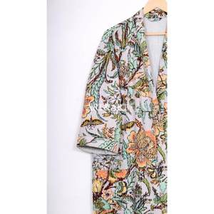 Floral Printed Vintage Kantha Kimono <b>Robe</b> Jacket for <b>Women</b> Summer Casual Front Open Lace Design 100% Cotton Breathable Quick <b>Dry</b> - Product Image 2