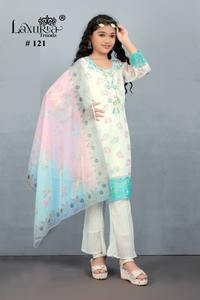 <b>White</b> and Blue Embroidered Girls Pakistani Style Kurti Set with Floral Print <b>Lace</b> Detailing Flared Pants - Product Image 2