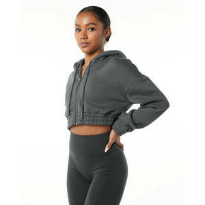 Sudadera con capucha corta de gran tamaño con cremallera completa para mujer de alta calidad 100% algodón estampado invierno blanco trazo hombro caído con capucha - Product Image 3