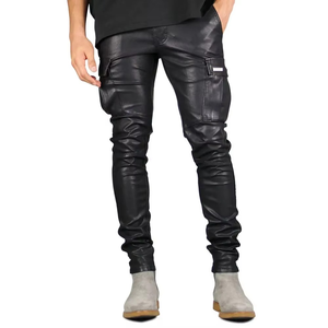 Pantalons évasés en cuir PU pour homme, coupe ample, poche zippée, streetwear moto, pantalons évasés en cuir superposés pour homme - Product Image 1