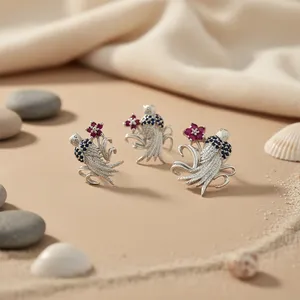 Boucles d'oreilles pendantes en argent plaqué or pour femmes, avec fleurs, rubis, saphir, diamant, style mignon, pour cadeau - Product Image 3