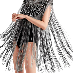 Belle élégante cape droite burlesque perles brins perlés paillettes attache cou tenue au sol pour club festif - Product Image 1