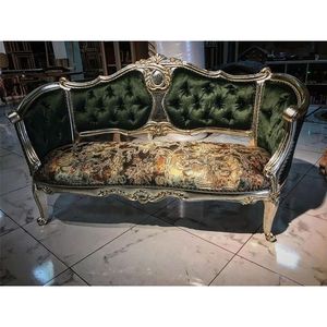 Luxury French Tufted Mahogany <b>Velvet</b> <b>Loveseat</b> Hand-Carved Elegant 2-Seater Sofa with Gold Accents - Product Image 1