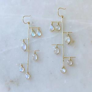 Bridesmaid Jewelry <b>Long</b> Pair Minimalist Moonstone Hanging <b>Earring</b> Solid Brass Gold Plated Mix Shape Birthstone Bezel Set <b>Earring</b> - Product Image 1