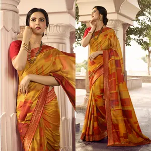 Saree Wedding Indian Party Wear Pakistani Designer Kanjivaram Soft Silk Sari Printed Saree with Big Thick Border