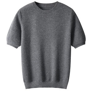 Pull à col en T pour hommes à manches courtes 100% pull en pure laine printemps et été nouveau pull couleur unie tendance haut - Product Image 4