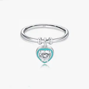 Fashion Jewelry White Gold Plated 925 Sterling Silver Blue Enamel Heart CZ Charm Finger Ring