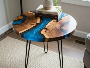 Table à manger en bois d'acacia en résine moderne de luxe faite à la main, résine bleue, imperméable, table de salon, mariage, retraite, Diwali - Product Image 3