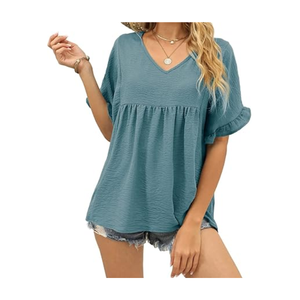 Elegante Blusa Holgada Tipo Babydoll para Mujer, Color Verde Azulado, Manga Corta con Volantes, Material Ligero, Cuello en V, Estilo Veraniego - Product Image 1