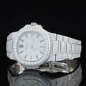 Montre automatique Moissanite en acier inoxydable, sertie de diamants de laboratoire, avec mouvement japonais, cadran à index et fonction date, luxe - Product Image 3