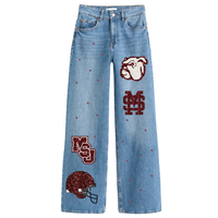 Pantalon en denim brodé du jour du match personnalisé taille haute nouveau design de jean ample avec paillettes cousues à la main populaire pour les femmes