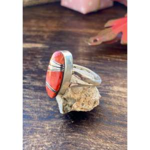 Navajo Made Multi-Stone Geometric Pattern <b>Ring</b> Coral <b>Opal</b> Rhodium Plated Sterling <b>Silver</b> Inlay Size 7 Perfect Gift Platinum Main - Product Image 4