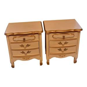 Exquisite French Style Cream & <b>Gold</b> Mahogany Nightstands Pair | Handmade Ornate <b>Bedside</b> <b>Tables</b> for Luxury Bedrooms - Product Image 1