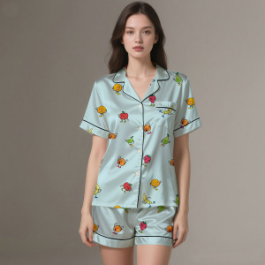 Conjunto de pijama de 2 piezas de tejido satinado transpirable de verano para mujer a la moda con mangas largas y diseño de logotipo personalizado - Product Image 3