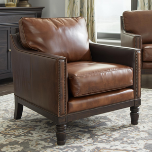 Mid Century Modern Genuine Leather Accent <b>Chair</b> Straight Arm Comfortable Upholstered Lounge <b>Chair</b> for Living Room Apartment - Product Image 1